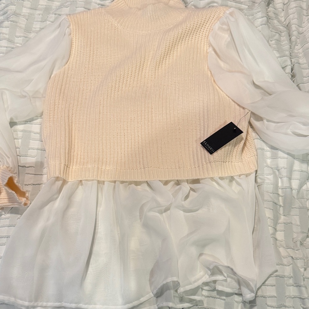Eloquii Cream Knit Sleeveless Layered Tunic with White Sheer Blouse